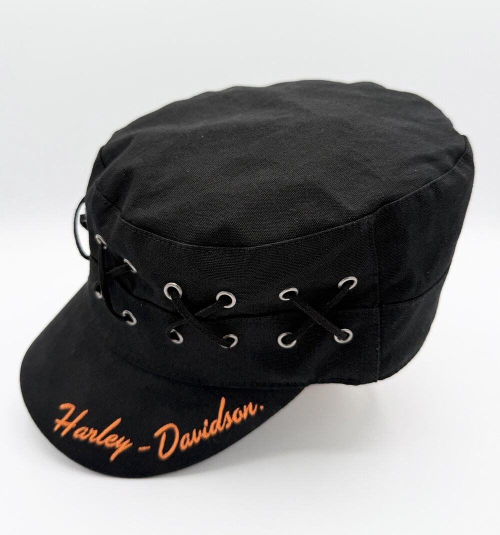 Harley-Davidson Women's Black Orange Laced Silver Metal Eyelet Flat Top Cap Hat
